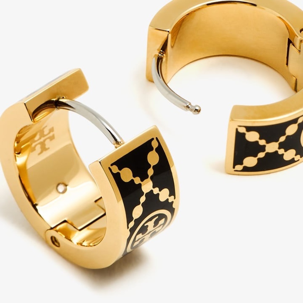 NIP Tory Burch Black and Gold T-Monogram Huggie Earrings - Picture 4 of 8